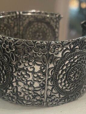 Vintage Silver Filigree Floral Cuff Bracelet | Wide Statement Hinged Bangle